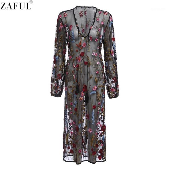 Abiti da festa All'ingrosso- ZAFUL Abito da donna sexy Scollo a V profondo Ricamo Balck Casual Basic Feminino Vestidos Mesh Floral Ricamato Sheer Dr