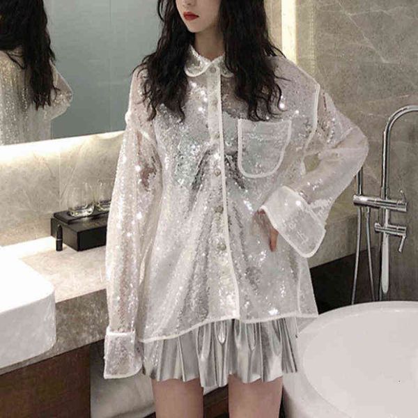 

women perhaps u white black full sleeve solid turn down collar heavy work sequins blouse button pocket shirt b0537 210529