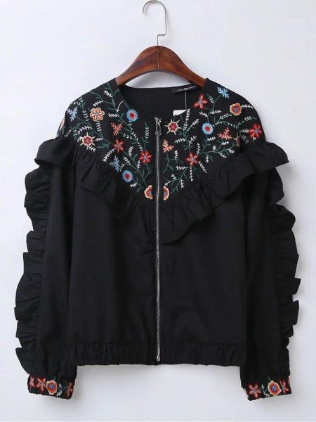 

2020 new black round neck floral embroidered jacket frilled detail on the sleeves & front embroidered cuffs front zip fastening1, Black;brown