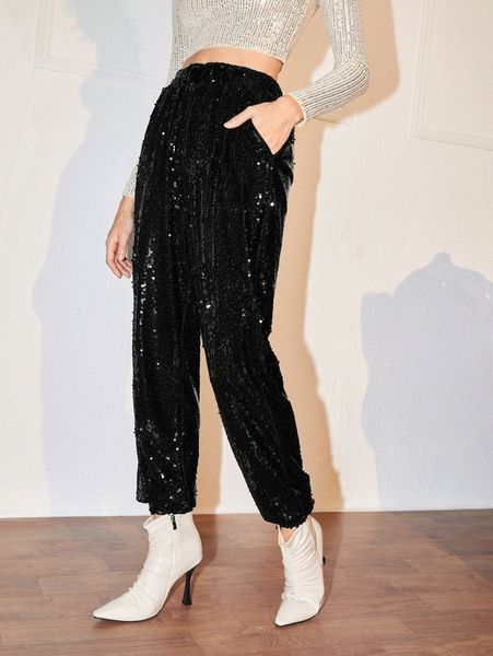 

slant pocket sequin tapered pants o0tp#, Black;white