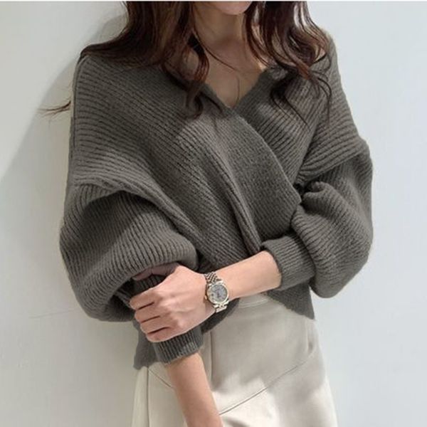 

2021 new v neck twisted sweater women korean elegant ol chic knitted pullovers long sleeve loose jumper pull femm gj5c, White;black