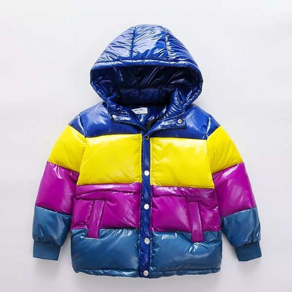 

boys girls winter patchwork coats children parkas cotton metal colors hooded jacket long warm outfit 5 6 7 8 9 10 11 12 years, Blue;gray