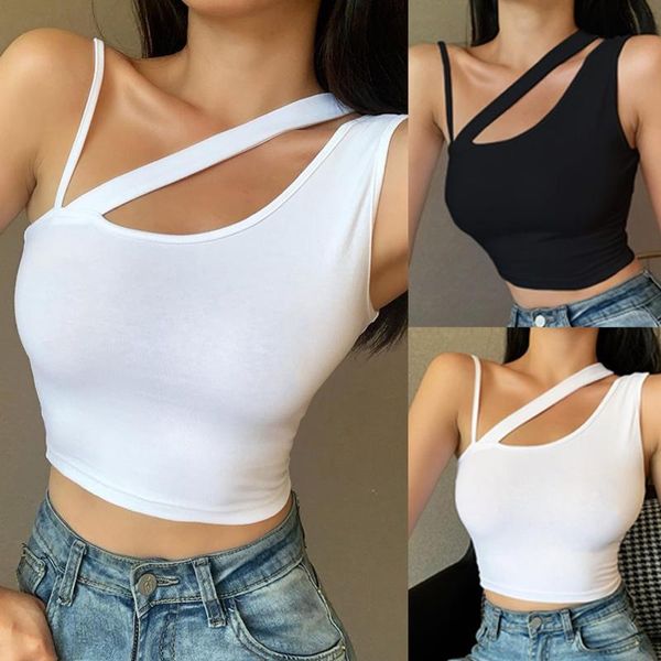 

women's solid color women's tube casual sleeveless tank with irregular sport bra fitness strap tank blouse, White;black