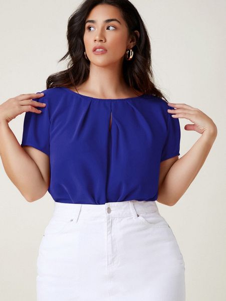 

plus fold pleated keyhole neck solid 18os#, Black