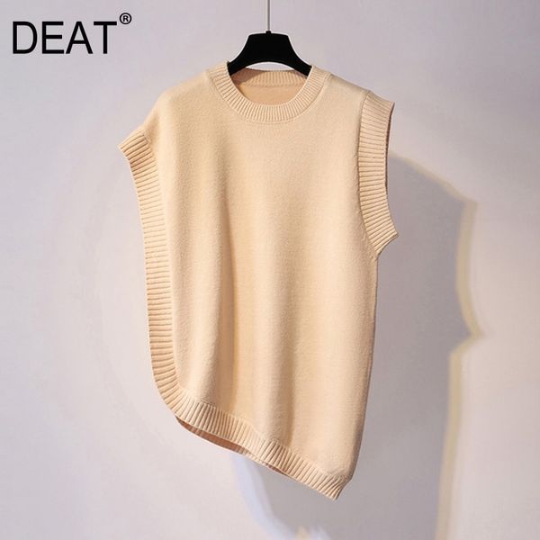 

[deat] new autumn fashion women's sweater vest knitted irregular hem round collar pullover elastic loose solid slim tx038 y201128, Black;white