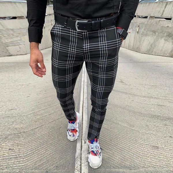 

men's casual pants plaid social slim fit black trousers zipper mid waist skinny business office work party male summer stretchy1