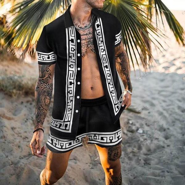 

men's casual shirts printing national style hawaiian mens short sleeve set summer floral shirt beach two piece suit fashion sets patter, White;black