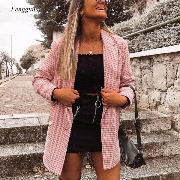 

fashion women pink plaid blazer suit office ladies elegant notched collar blazers long sleeve jackets girls suits set chic1, White;black