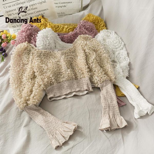 

women solid short shirts slash neck long flare sleeve blouses korean new autumn casual slim french fashion clothing corp 1, White