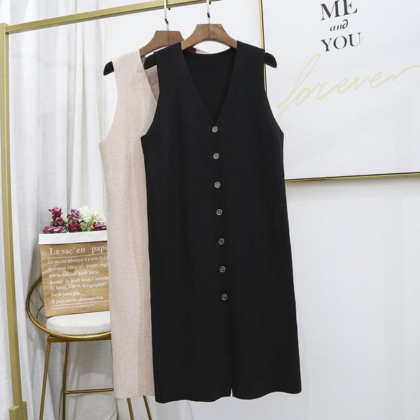 

over the knee women pullover long knitted waistcoat sweater dress plus size casual loose solid sleeveless v neck, White;black