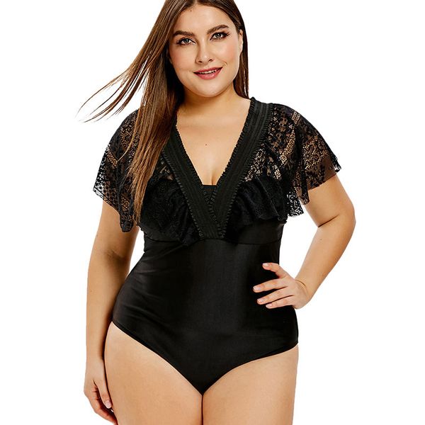

plus size women's lace insert one piece swimsuit skinny bodysuits wireless padded swimwear bathing suit beachwear xxl xxxl 4xl y200824, White;black