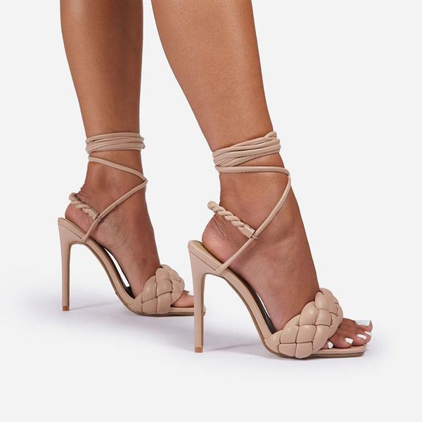 

women shoes high heel sandals women 2021 weave ankle strap thin heels sandals woman fashion ladies dress shoes stripper heels1, Black