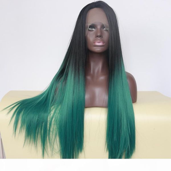 

ombre hair glueless lace front wig baby hair 1b# green part lace 3-4inch perruque lace front synthetic medium length 22inch, Black