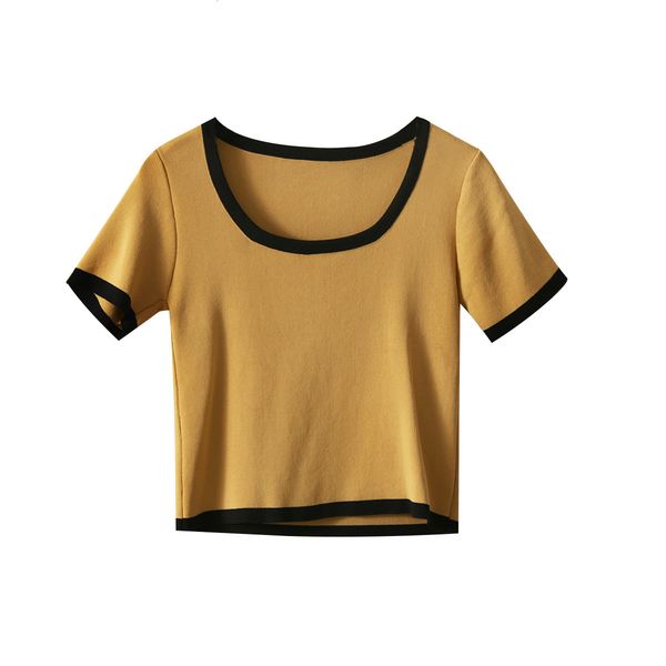 

2021 new casual fashion contrast round neck solid color thin summer multi-functional short t-shirt kafi, White