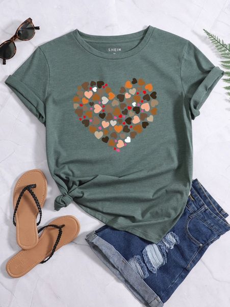 

heart print round neck tee t2wl#, White