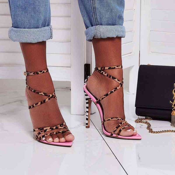 

cross-tied leopard designer women high-heeled sandals yellow pink color stiletto heel summer lady party banquet shoes, Black