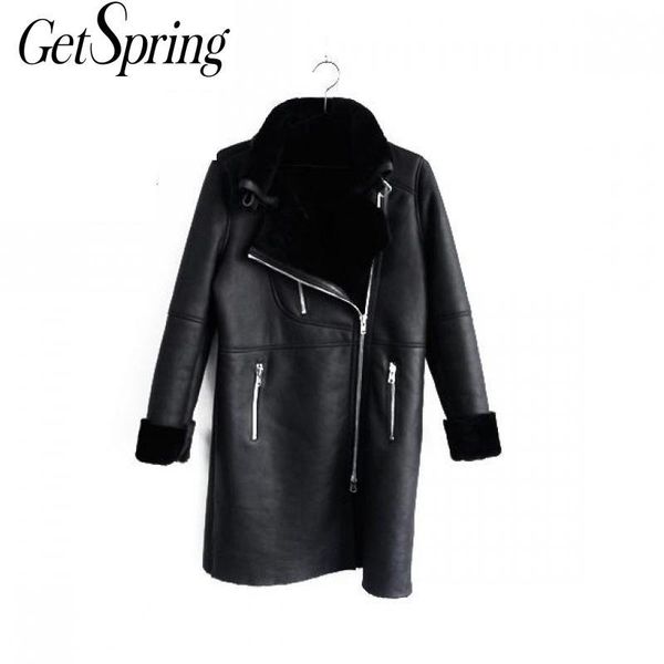 

getspring women coat thickened women winter jacket loose casual locomotive jacket long sleeve long overcoat faux fur 2020, Black