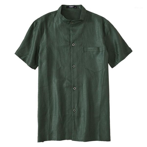 

standard collar chinese style shirt solid short sleeve 100% linen shirts for men green summer1, White;black