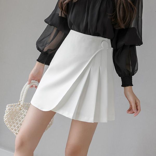

spring summer new shorts skirts solid high waist irregular patchwork pleated mini skirt office ladies slim white black skirt