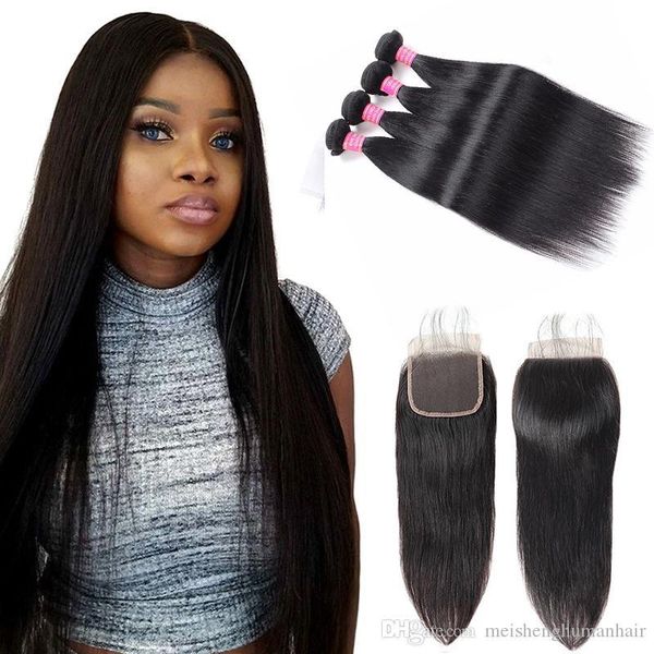 

8a indian virgin hair straight with 4x4 lace closure human hair extensions weave straight bundles weft wholesale 4bundles with closure, Black;brown