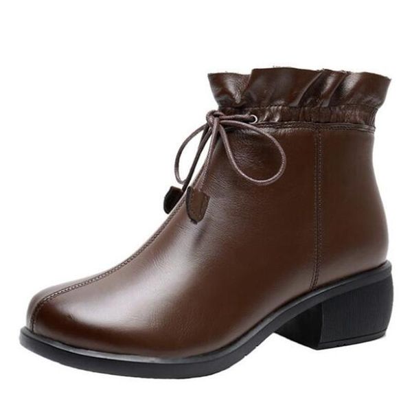 

boots fashion winter female soft bottom non-slip thick with high heels retro genuine leather shoes woman ankle, Black