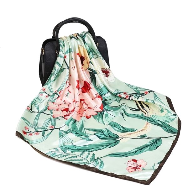 

silk scarf women fashion designer beautiful flowers foulard soft satin shawl scarfs kerchief 90*90cm square neck headscarf t200609, Blue;gray