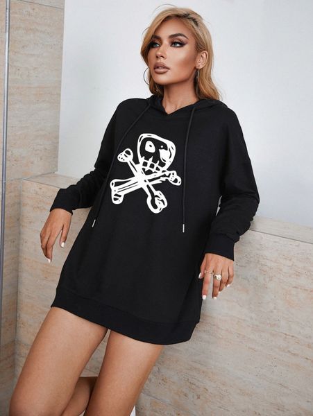 

skull print drop shoulder drawstring longline hoodie b3qt#, White;black
