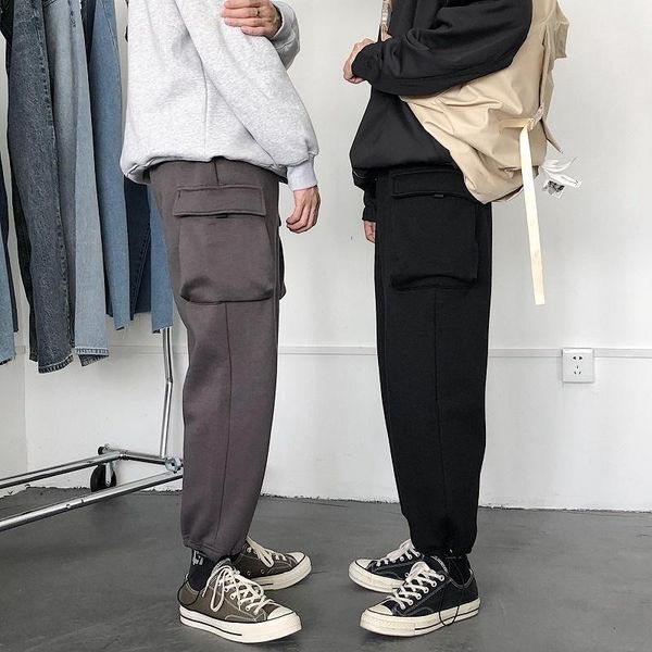 

plus velvet pants men's fashion solid color casual drawstring joggers pants man streetwear wild hip hop loose sweatpants male1, Black