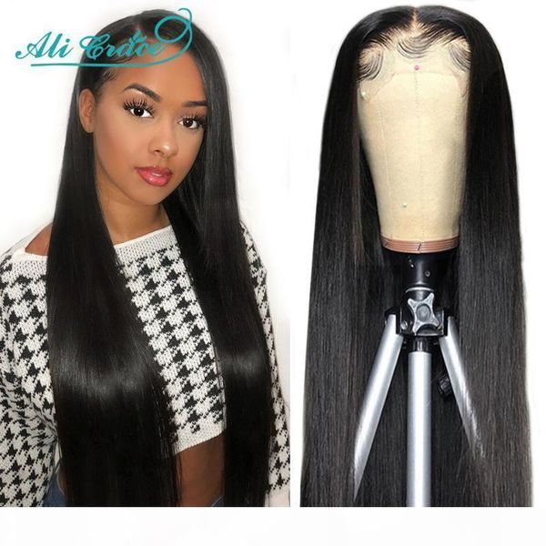 

30 inch lace front wig for women long straight closure wigs 26 28 inch ali grace 13x4 pre-plucked lace front human hair wigs, Black;brown