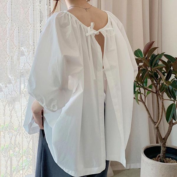 

ewq] 2021 summer new simple o neck pleated design tie loose bow tie three quarter sleeve white shirt casual blouse women