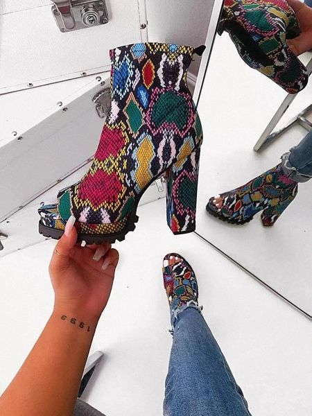 

autumn and winter new 2020 new women's zipper snake pattern waterproof platform high-heeled thick-soled open toe low-tube boots #fa3a