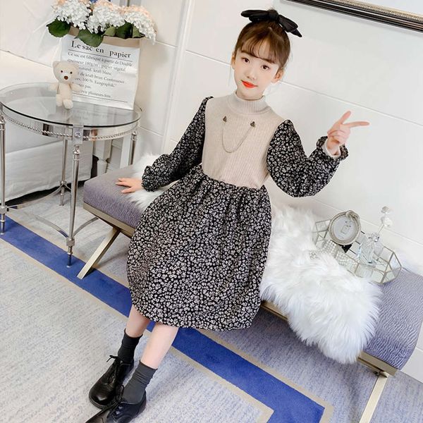 

girls' new floral corduroy drs 2020 children's korean sle plush thickened long sve bottomed skirt, Red;yellow