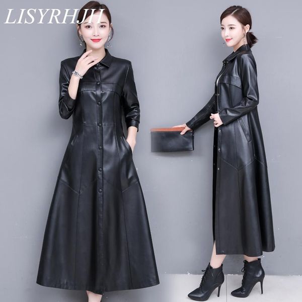 

long leather jacket women fashion coat female l-5xl plus size turn collar single covered button outerwear black red army green