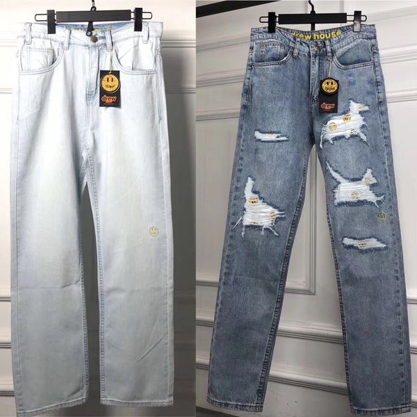 

20ss draw house мультфильм вышитые дыры джинсы промывают прямые высококачественные моды брюки повседневные высокие уличные джинсовые штаны, Black