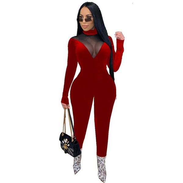 

sheer mesh velvet patchwork women's jumpsuit club party one piece overall high waist bodycon rompers women jumpsuit outfit, Black;white