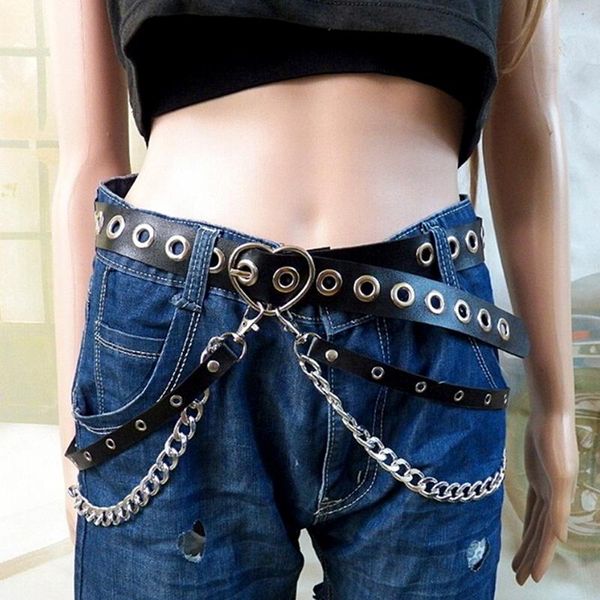 

women gothic punk heart shape belt for women street fashion rock hip-hop with two chain waist belts, Black;brown