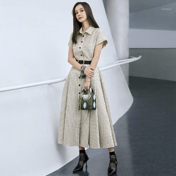 

vintage polka dot print summer long dress women 2020 new runway designer lapel short sleeve single breasted belt party dresses1, Black;gray