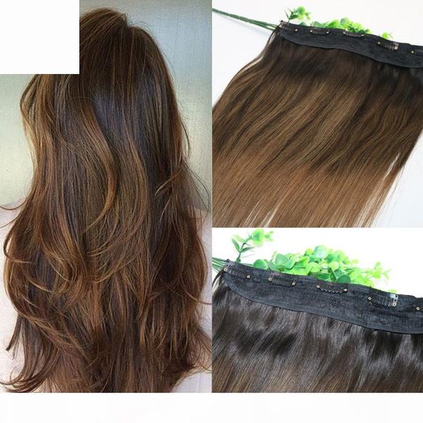 

one piece clip in human hair extensions 5clips with lace straight brazilian virgin hair ombre dark brown balayage 2 6, Black