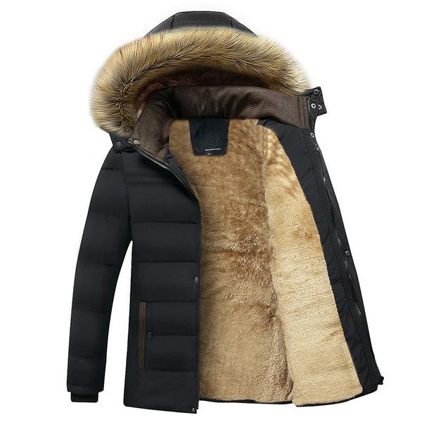 

m-5xl) men winter down jacket style middle aged elderly casual length hooded cotton coat dad warm clothes korean fashion, Black