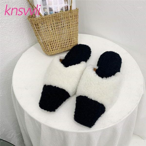 

slippers designer brand women wool winter shoes woman square toe furs mules ladies slides runway flat zapatos de mujer1, Black