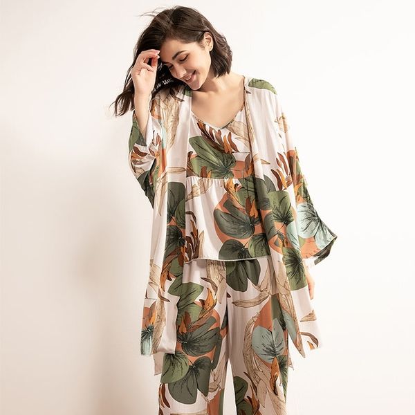 

spring & fall new ladies pajamas set cartoon banana leaves printed women comfort loose homewear large size femme sleepwaear 201027, Black;red