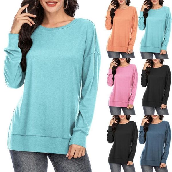 

fashion autumn womens casual long sleeve o-neck side split pure colors t-shirts loose pullover plus size polerones mujer#351, White