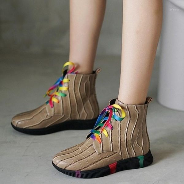 

streetwear color block round toe lace up women ankle boots flat bottom booties customized big size 411, Black