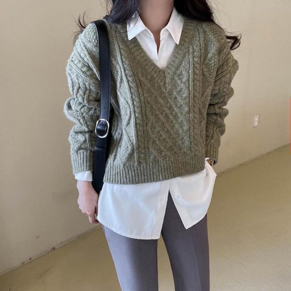 

women's sweaters thick twist pullovers 2021 autumn winter sweater women elegant v-neck solid loose warm knitted outwear short, White;black