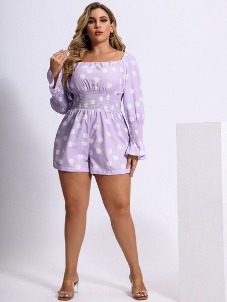 

plus daisy print shirred flounce sleeve romper e7de#, Black