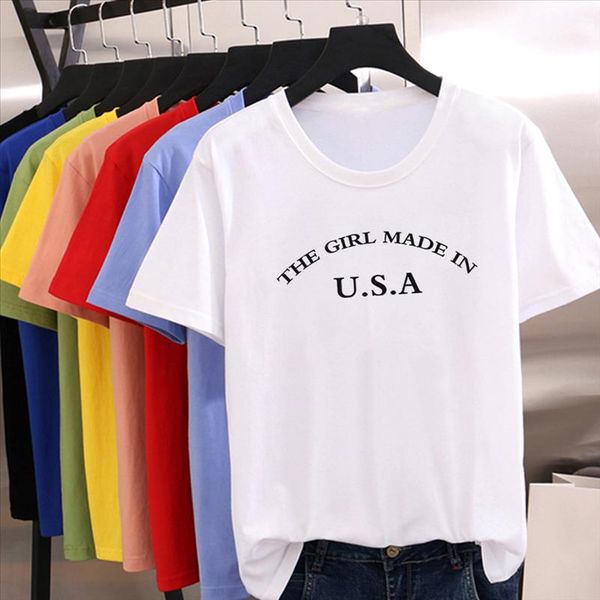 

casual new t shirt women minimalism trend casual hipster refreshing style design t shirt the girl made in usa letter shirt, White