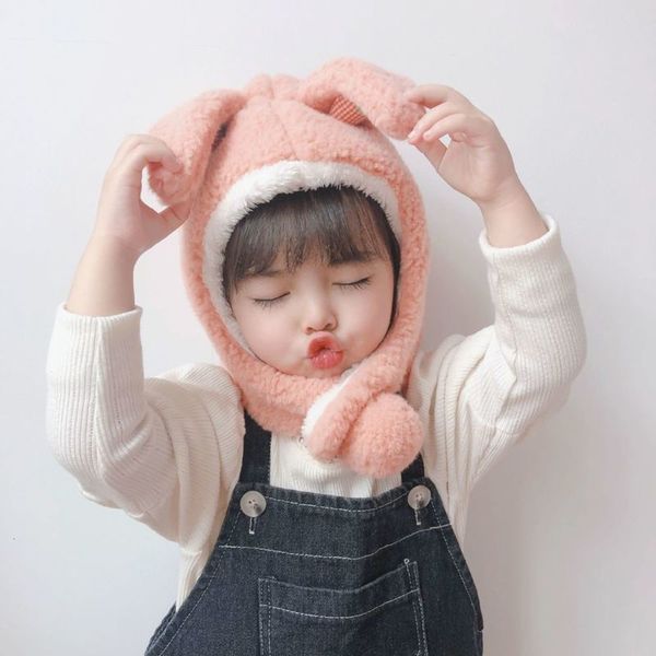 

proof children's korean pure rabbit winter autumn warm lovely boys and girls plush bib baby one hat 5kkk, Red;brown
