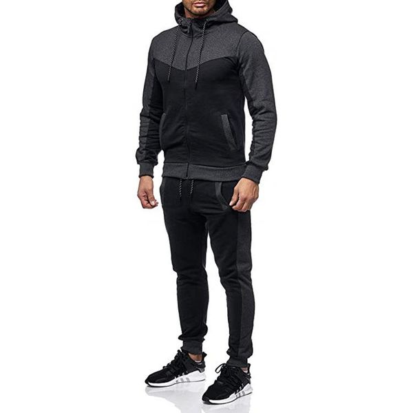 

2pcs men spring autumn sportswear color splicing hooded long sleeves coat + elastic waist pants jogging suit 2021 new fashion, Gray