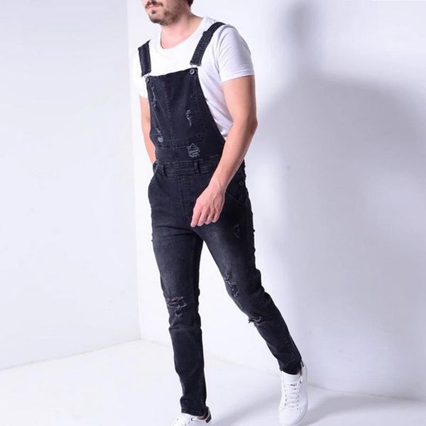 

mens pocket jeans jumpsuit men straight slim vaqueros hombre hip hop ripped denim overalls casual strap jeans pants one piece1, Blue