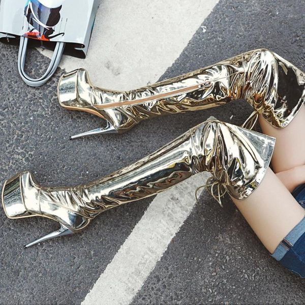 

thigh high over the knee boots women 14cm thin high heels t show pointy toe club party shoes gold silver pink plus size 481, Black